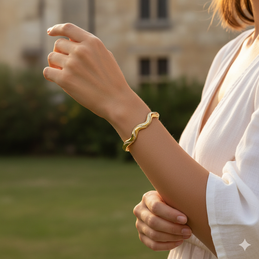 18k Gold Plated Waterproof Wave Bangle | Pave CZ Stainless Steel Bracelet