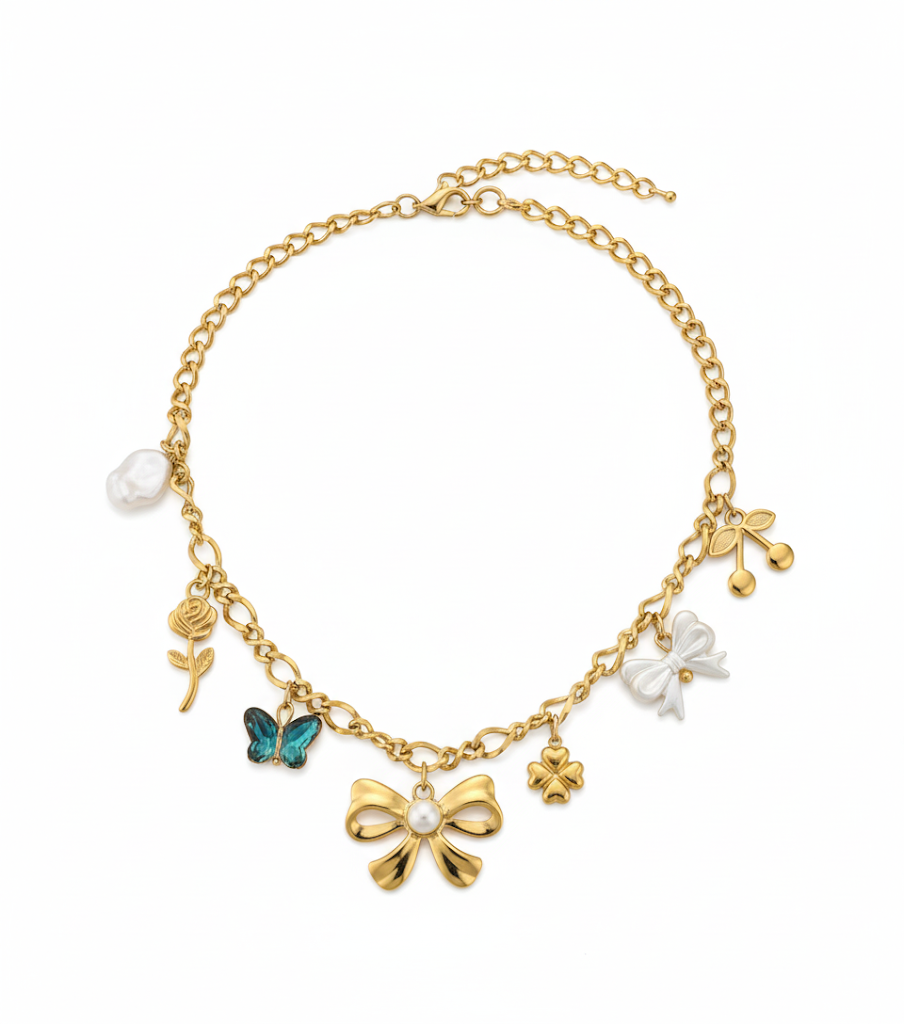18K Gold Plated Bow Charms Necklace