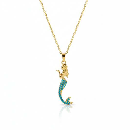 18K Gold Plated Zirconia Turquiose Studded Mermaid Necklace