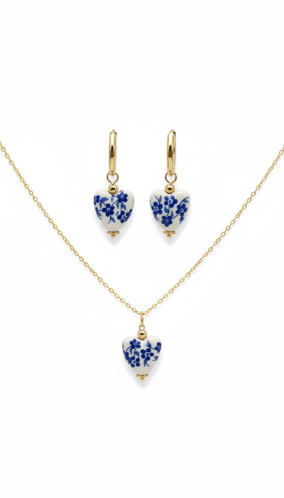 18K Gold Plated Porcelain White Floral Necklace set